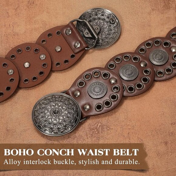 Women Vintage Disc Waist Concho Leather Belt Boho Waist Belt Brown Black Buckle main image 7